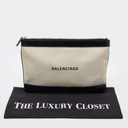Pre Owned Balenciaga Black/Cream Canvas and Leather Logo Zip Pouch