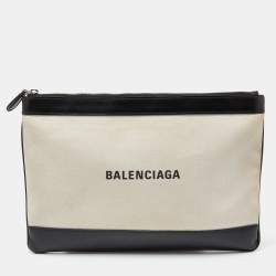 Pre Owned Balenciaga Black/Cream Canvas and Leather Logo Zip Pouch