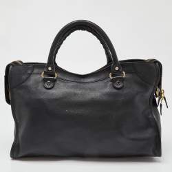 Pre Owned Balenciaga Black Leather Metal Plate Classic City Bag