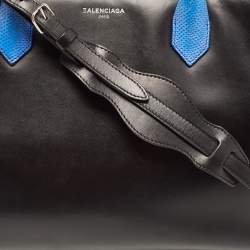 Pre Owned Balenciaga Blue/Black Leather and Lizard Handle Padlock Tote