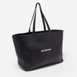 Pre Owned Balenciaga Black Leather Logo Top Zip Shopper Tote