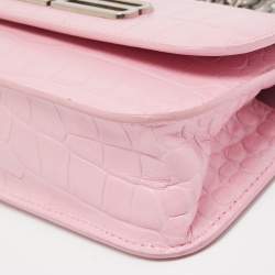 Pre Owned Balenciaga Pink Croc Embossed Leather Gossip Wallet On Chain