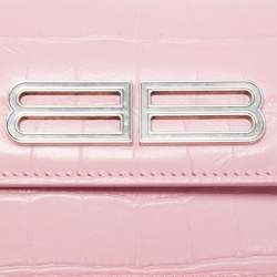 Pre Owned Balenciaga Pink Croc Embossed Leather Gossip Wallet On Chain