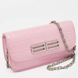 Pre Owned Balenciaga Pink Croc Embossed Leather Gossip Wallet On Chain