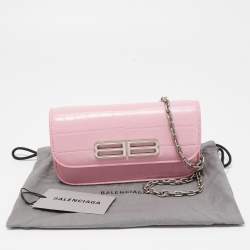 Pre Owned Balenciaga Pink Croc Embossed Leather Gossip Wallet On Chain