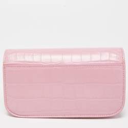Pre Owned Balenciaga Pink Croc Embossed Leather Gossip Wallet On Chain
