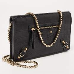 Pre Owned Balenciaga Black Croc Embossed Leather Classic Wallet On Chain