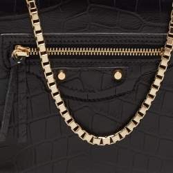 Pre Owned Balenciaga Black Croc Embossed Leather Classic Wallet On Chain