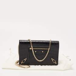 Pre Owned Balenciaga Black Croc Embossed Leather Classic Wallet On Chain