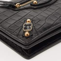 Pre Owned Balenciaga Black Croc Embossed Leather Classic Wallet On Chain