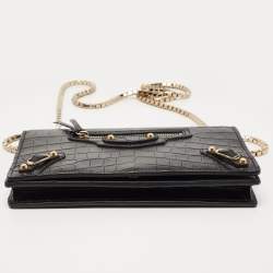 Pre Owned Balenciaga Black Croc Embossed Leather Classic Wallet On Chain