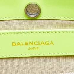 Pre Owned Balenciaga Off White/Neon Green Canvas and Leather Navy Pochette Crossbody Bag