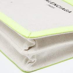 Pre Owned Balenciaga Off White/Neon Green Canvas and Leather Navy Pochette Crossbody Bag