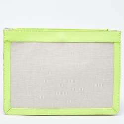 Pre Owned Balenciaga Off White/Neon Green Canvas and Leather Navy Pochette Crossbody Bag