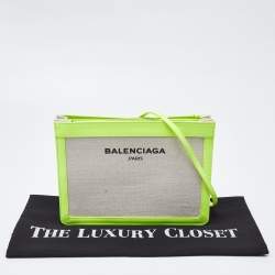Pre Owned Balenciaga Off White/Neon Green Canvas and Leather Navy Pochette Crossbody Bag