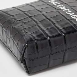 Pre Owned Balenciaga Black Croc Embossed Leather Phone Holder Crossbody Bag