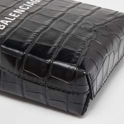Pre Owned Balenciaga Black Croc Embossed Leather Phone Holder Crossbody Bag