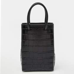 Pre Owned Balenciaga Black Croc Embossed Leather Phone Holder Crossbody Bag