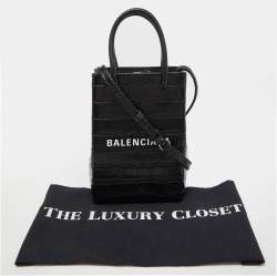 Pre Owned Balenciaga Black Croc Embossed Leather Phone Holder Crossbody Bag