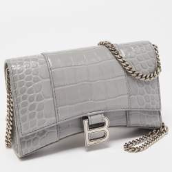 Balenciaga Grey Croc Embossed Leather Hourglass Wallet on Chain
