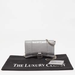 Balenciaga Grey Croc Embossed Leather Hourglass Wallet on Chain