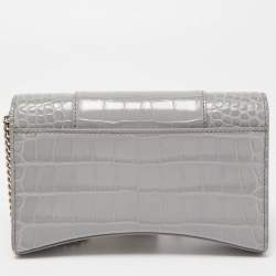 Balenciaga Grey Croc Embossed Leather Hourglass Wallet on Chain