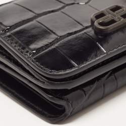 Pre Owned Balenciaga Black Croc Embossed Shiny Leather Mini BB Wallet