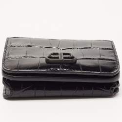 Pre Owned Balenciaga Black Croc Embossed Shiny Leather Mini BB Wallet