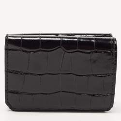 Pre Owned Balenciaga Black Croc Embossed Shiny Leather Mini BB Wallet