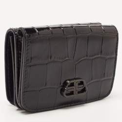 Pre Owned Balenciaga Black Croc Embossed Shiny Leather Mini BB Wallet