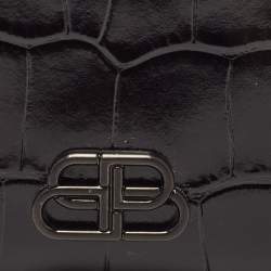Pre Owned Balenciaga Black Croc Embossed Shiny Leather Mini BB Wallet