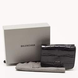 Pre Owned Balenciaga Black Croc Embossed Shiny Leather Mini BB Wallet