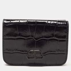 Pre Owned Balenciaga Black Croc Embossed Shiny Leather Mini BB Wallet