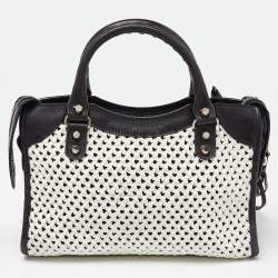Pre Owned Balenciaga Black/White Leather and Raffia Mini Motorcycle City Bag