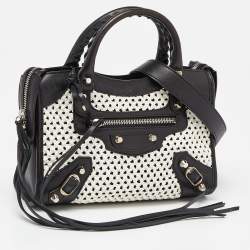 Pre Owned Balenciaga Black/White Leather and Raffia Mini Motorcycle City Bag