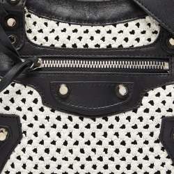 Pre Owned Balenciaga Black/White Leather and Raffia Mini Motorcycle City Bag