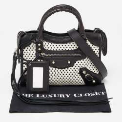 Pre Owned Balenciaga Black/White Leather and Raffia Mini Motorcycle City Bag