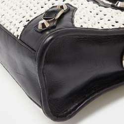 Pre Owned Balenciaga Black/White Leather and Raffia Mini Motorcycle City Bag