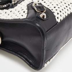 Pre Owned Balenciaga Black/White Leather and Raffia Mini Motorcycle City Bag
