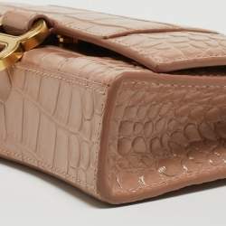 Pre Owned Balenciaga Old Rose Croc Embossed Leather Hourglass Wallet on Chain