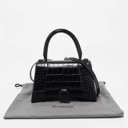 Pre Owned Balenciaga Black Croc Embossed Leather Small Hourglass Top Handle Bag