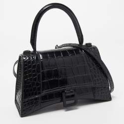 Pre Owned Balenciaga Black Croc Embossed Leather Small Hourglass Top Handle Bag
