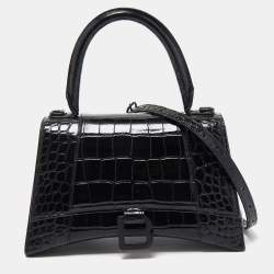 Pre Owned Balenciaga Black Croc Embossed Leather Small Hourglass Top Handle Bag