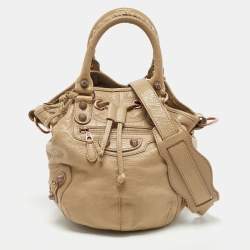 Balenciaga Khaki Beige Leather Mini RGH PomPon Bag