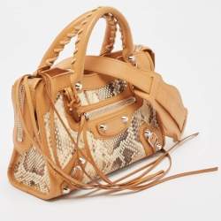 مملوكة مسبقًا Balenciaga Tan/Beige Leather and Python Mini Classic City Bag