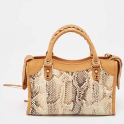 مملوكة مسبقًا Balenciaga Tan/Beige Leather and Python Mini Classic City Bag