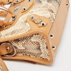 مملوكة مسبقًا Balenciaga Tan/Beige Leather and Python Mini Classic City Bag