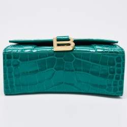 Pre Owned Balenciaga Green Croc Embossed Leather XS Hourglass Top Handle Bag