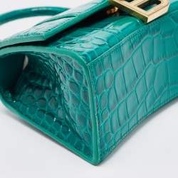 Pre Owned Balenciaga Green Croc Embossed Leather XS Hourglass Top Handle Bag
