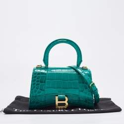 Pre Owned Balenciaga Green Croc Embossed Leather XS Hourglass Top Handle Bag